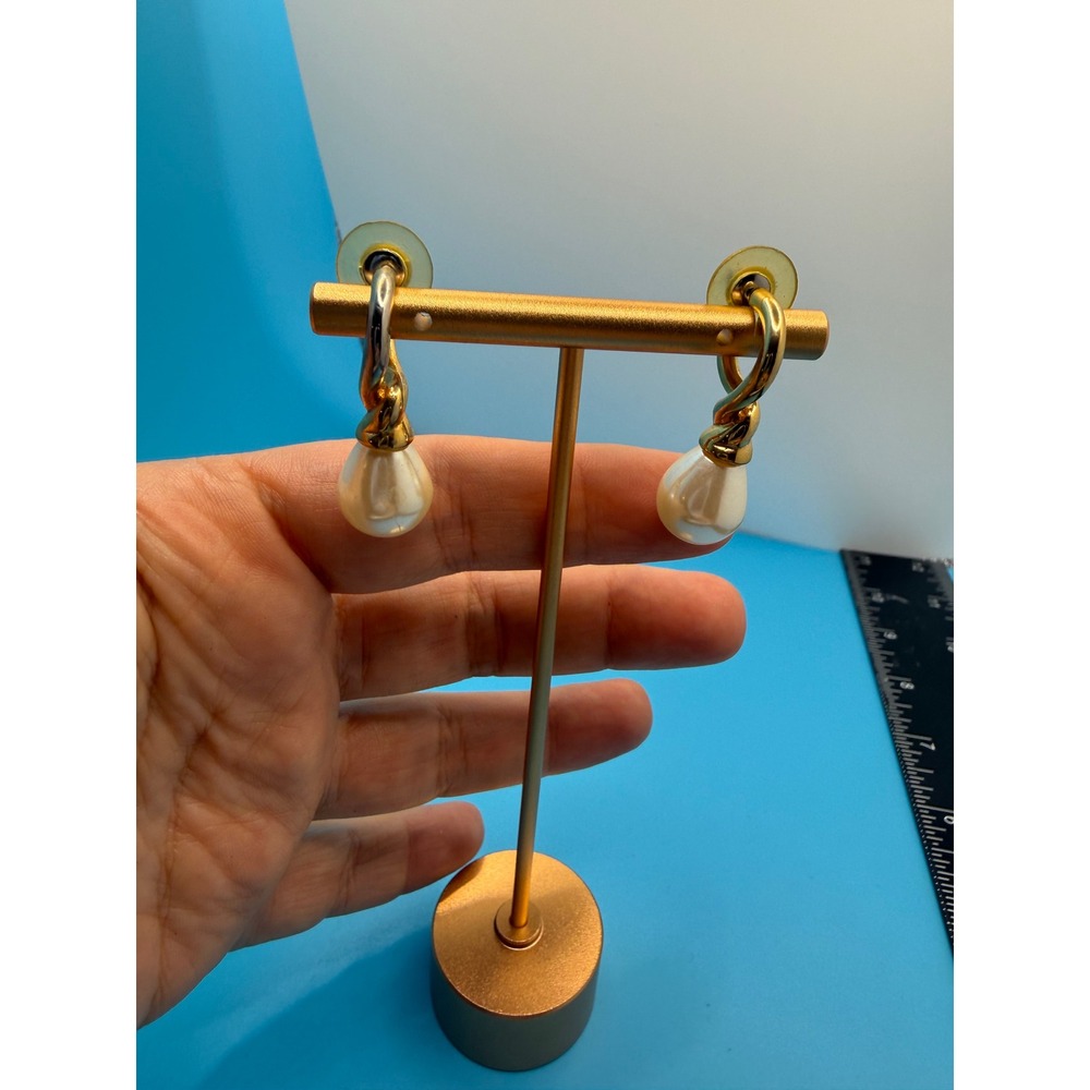 Carolee Vintage Gold Tone Twisted Hoop Faux Pearl Teardrop Post Drop Earrings